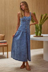Pansy Scoop Neck Flounce Hem Maxi Dress Denim