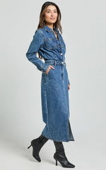 Alison Midi Dress - Long Sleeve Front Split Denim Dress in Mid Blue Wash