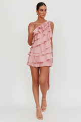 Arrabel Tiered Ruffle One Shoulder Mini Dress Pink