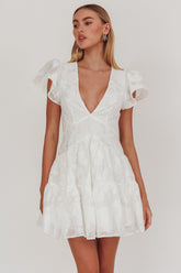 Irenna Ruffle Sleeve V-Neck Mini Dress Textured White