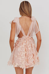 Chantilly Tied Shoulder Mini Dress Floral Embellished Pink