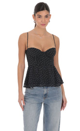 Polka Dot Peplum Top in Black