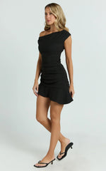 Goldie Mini Dress - Tipped Off Shoulder Cap Sleeve Ruched Fitted Ruffle Hem Skirt Dress in Black