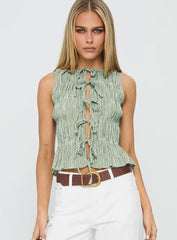 Apero Shirred Tie Front Top Green / White Stripe