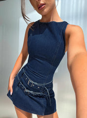 Kainer Denim Buckle Mini Dress Dark Blue Wash
