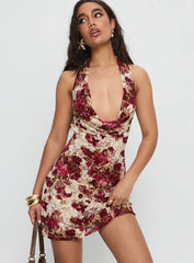 Salome Halter Cowl Neck Mini Dress Red Multi