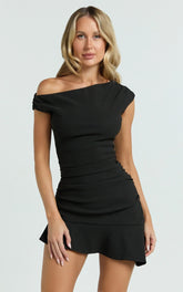 Goldie Mini Dress - Tipped Off Shoulder Cap Sleeve Ruched Fitted Ruffle Hem Skirt Dress in Black