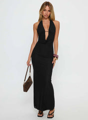 Stroke of Fate Plunge Halter Maxi Dress Black