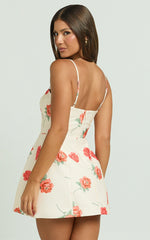 Tia Mini Dress - Square Neck Fit And Flare Dress in Rose Garden Print