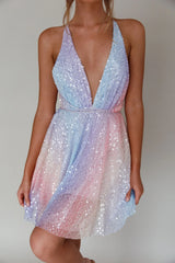 Floating By Plunging Neckline Mini Dress Sequin Rainbow