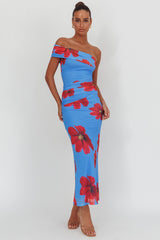 Gala One-Shoulder Maxi Dress Floral Blue