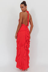 Libre Plunging Halter Ruffle Maxi Dress Red
