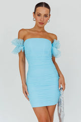 Star Dust Off-Shoulder Frill Sleeve Mini Dress Baby Blue