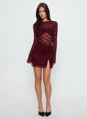 Best You Had Mesh Long Sleeve Mini Dress Burgundy
