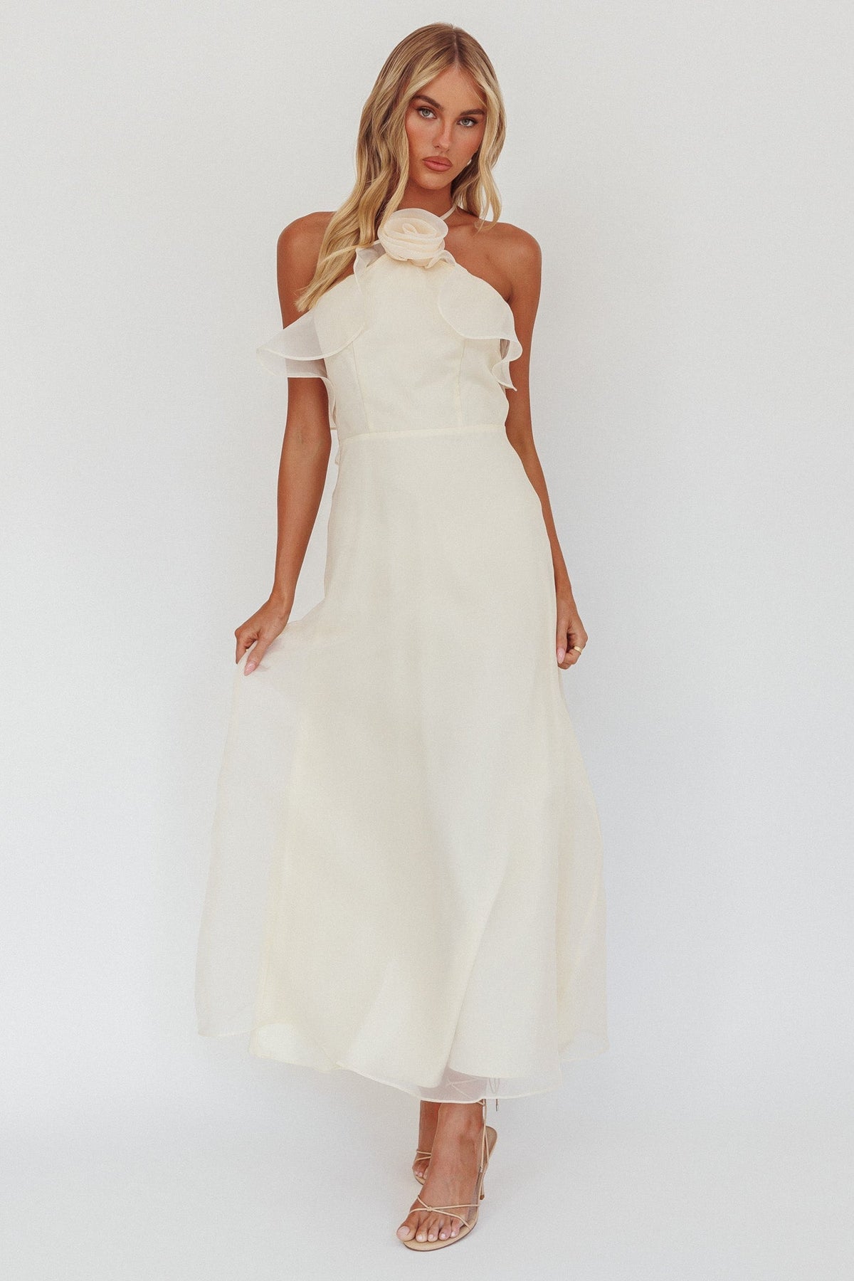 Cordially Invited Ruffle Neckline Rosette Maxi Vanilla