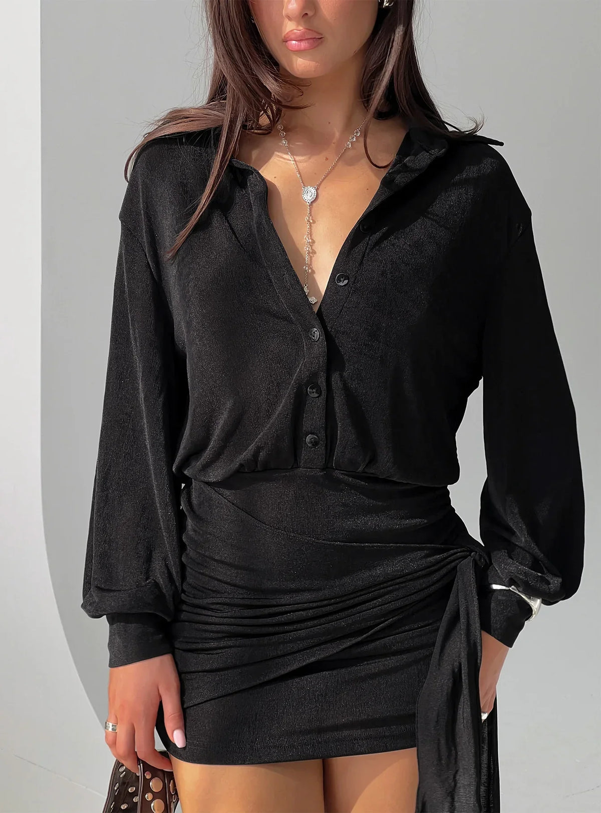 Lynton Long Sleeve Shirt Mini Dress Black