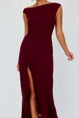 Moonlit Magic Asymmetric Neckline Maxi Dress Wine
