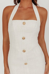 She Is Button Front Halter Midi Dress Tweed White