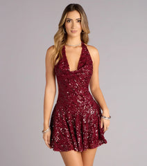After Hours Shine Sequin Halter Skater Dress