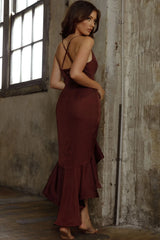 Dream Of Me Split Front Ruffle Midi Dress Wine