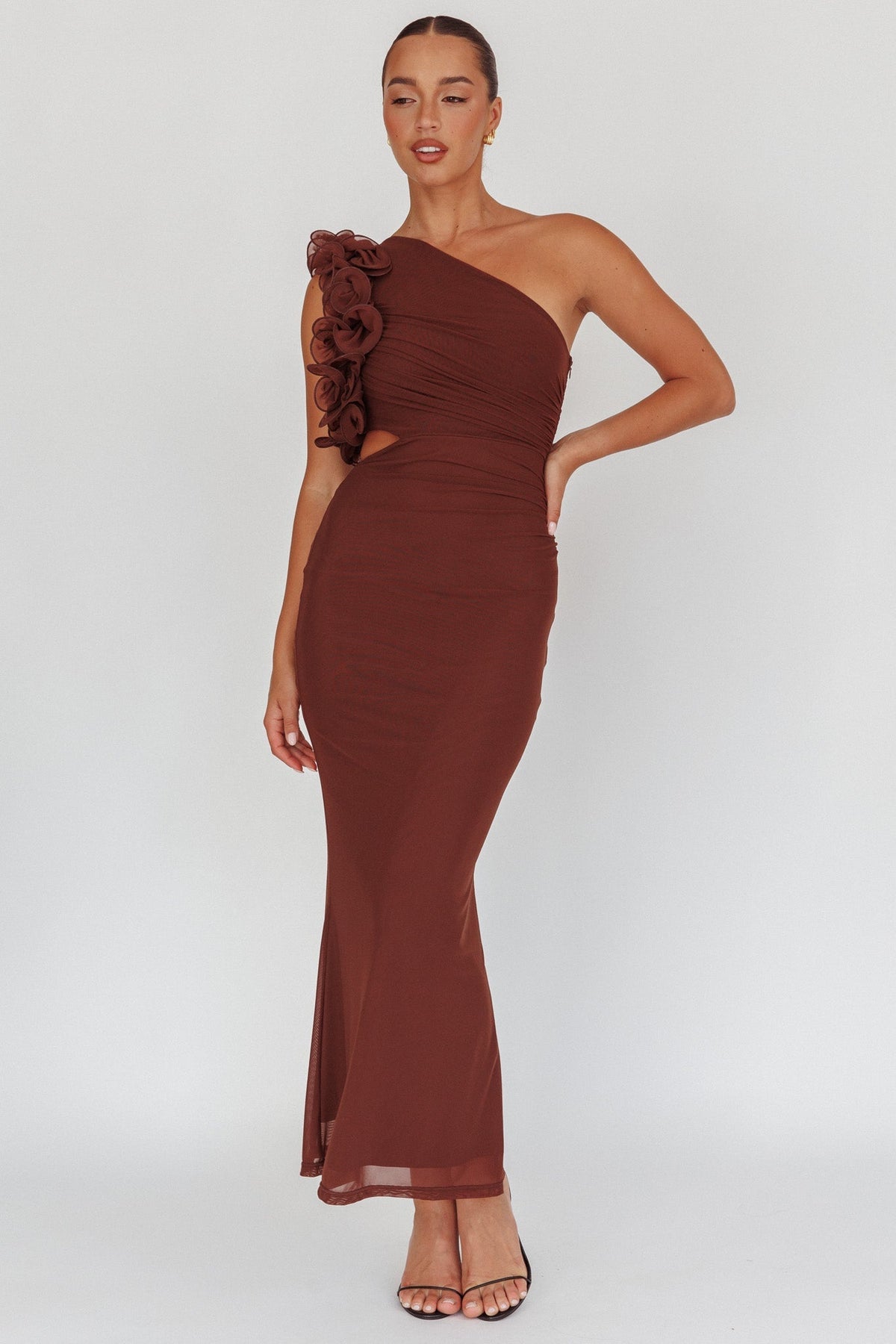 Deanna One-Shoulder Ruffle Maxi Dress Brown