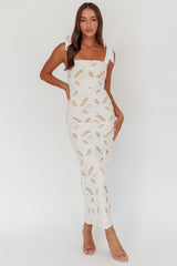 Coastal Bloom Tied Shoulder Maxi Dress Embroidered White