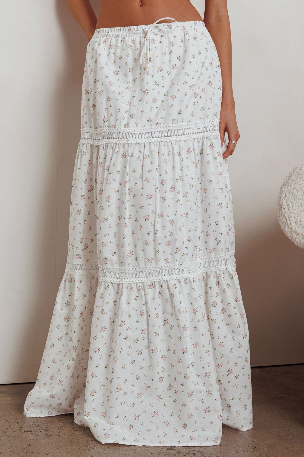 Canyon Cove Crochet Trim Maxi Skirt Floral Pink