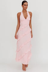 Flirt Frill Trim Halter Maxi Dress Blush