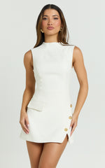 Langley Mini Dress - Sleeveless High Neck Faux Wrap Tulip Dress in Cream